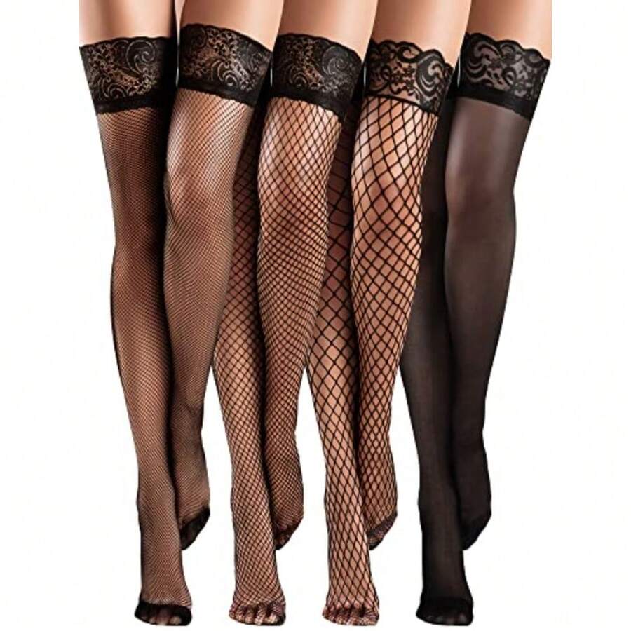 4/6/ Pairs Fishnet Thigh High Stocking For Women Silicone Lace Top Sheer Over Knee Stockings - Black - View 1