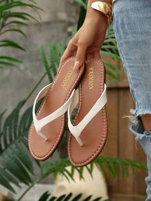 Spring/Summer New Toe-Post Sandals, Round Toe Flat Flip-Flops, Casual Indoor/Outdoor Slides - White - View 2