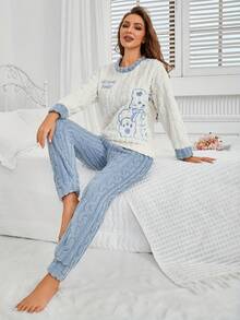 Conjunto de Pijama Feminino Outono/Inverno com Top de Manga Longa com Bordado de Urso Fofo & Calça Longa de Veludo de Algodão Fleece Jacquard Solta e Confortável com Cores Contrastantes - Azul - Visão 6