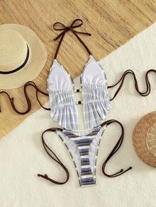 2er Set sexy gestreifter Bikini - Perlen-Camisole-Top und hochgeschnittene Hose, geeignet für Strand- und Pool-Urlaub im Sommer - Verschiedenfarbig - Übersicht 6