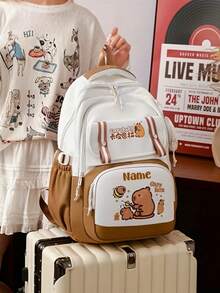 1pc Personalized Back To School Large Capacity Cute Cartoon Capybara Print Backpack With Mini Round Coin Purse, Adjustable Shoulder Straps, Nylon Material Zipper Closure Multiple Compartments Storage, Suitable For Daily, Outings, Travel, Commuting. Perfect Birthday, New Year Or Holiday Gift For Friends, Daughters Or Sons. Custom Exclusive Name, Anniversary. - Multicolor - View 5