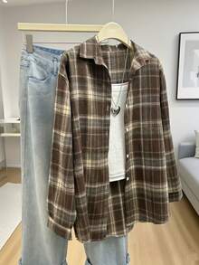 Women's Plaid Flannel Shirt, Collared Button Front, Long Sleeve Drop Shoulder, Regular Length, Non-Stretch Polyester Fabric, Autumn/Winter - Brown - View 1