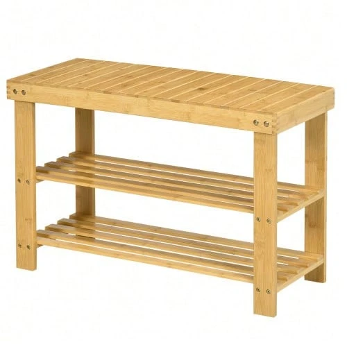 Bamboo Shoe Bench/Entryway Bench With 3 Shelves For 6 Pairs Of Shoes, Shoe Rack 70 X 28 X 45 Cm, Natural Storage Solution - 自然色 - 查看 1