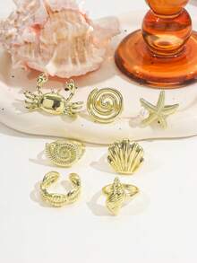 7PCS Ocean Rings, Gold Crab, Starfish, Shell, Conch Shaped Rings, Beach Vacation Style Stackable Ring Set For Women - Gold - View 3