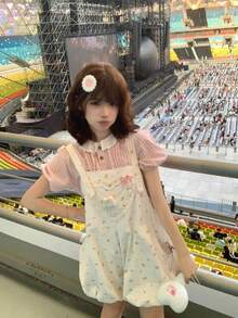 2026 Summer New Arrival: Cute Floral Print Jumpsuit And Checkered Blouse Set - Girly Style - [Single Item] Overalls Shorts - View 6