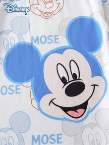 Conjunto de camiseta de manga corta con estampado de cabeza grande de Mickey Mouse y shorts con estampado de garabatos de Mickey de Disney para niños, patrón de dibujos animados, ligero estiramiento, adecuado para uso diario de niños pequeños en vacaciones de verano - Azul - Ver 5