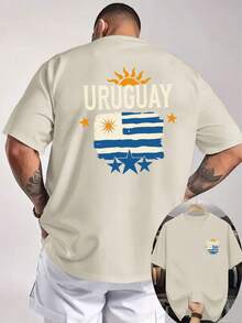 Camiseta de Hombre con Estampado de Doble Cara de la Bandera de Uruguay con Tres Estrellas, Elementos de Fútbol Sudamericano, Camiseta Holgada Personalizada para Aficionados Uruguaios - Negro - Ver 11