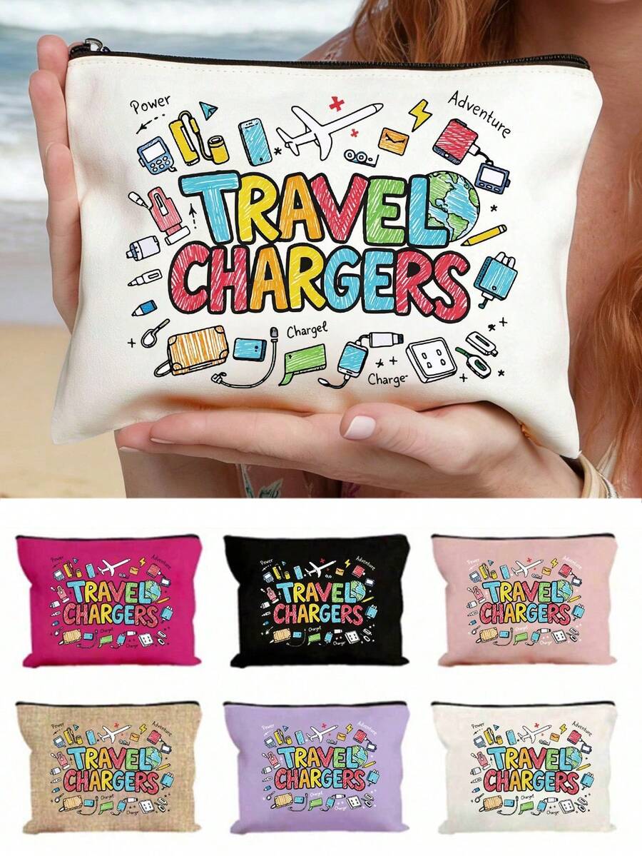 印有「Travel Charger」文字與充電器圖案的便攜收納袋，充電器整理袋，旅行必備化妝袋：女孩旅行生存袋，中性拉鍊袋，化妝品、彩妝與輕便旅行必需品，適合青少年、生日與旅行配件，節日禮物