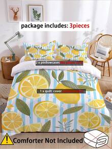 3pcs Blue White Striped & Sweet Lemon Slice Print Duvet Cover Set (1*Duvet Cover + 2*Pillowcase, Without Core), Easy Care,Chic, Lightweight - Baby Blue - View 5