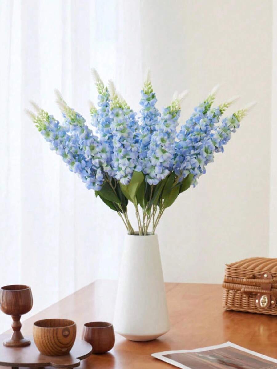 1 Pc Blue Delphinium Artificial Flower Long Stem 32in Fake Larkspur Faux Look Real Silk Plant Bulk Bouquet For Outdoor Tall Vase Home Garden Wedding Arrangement Decoration, Valentine Day, Gift Gifts Birthday Graduation - Blue - View 1