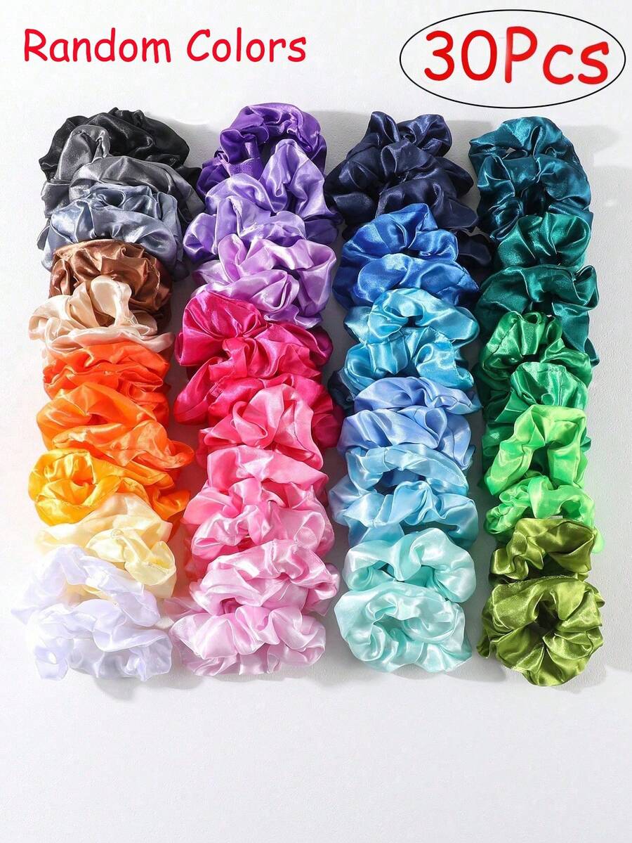 30 chiếc dây buộc tóc satin màu ngẫu nhiên, phù hợp cho bé gái, dây buộc tóc co giãn cơ bản cổ điển với ruy băng nhiều màu, tạo kiểu đuôi ngựa hàng ngày - Nhiều màu - Xem 1