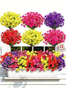 4/12 mazzi di fiori artificiali resistenti allo sbiadimento in plastica, piante finte decorative per vasi sospesi, interni ed esterni, giardino, portico, davanzale, casa, matrimonio, stile rustico, decorazione da esterno, decorazione da giardinaggio - Multicolore - Visualizzare 4
