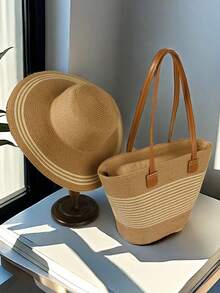 1pc Women's Bohemian Style Wide Brim Straw Hat And 1pc Woven Shoulder Bag Set, Elegant Sun Hat Beach Tote Bag, Suitable For Outdoor Leisure, Travel, Vacation - Hat and Bag Set - View 2
