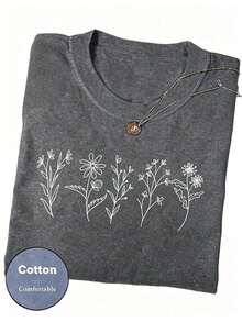 Women Floral Print Crew Neck Loose Casual T-Shirt, Short Sleeve Cheap Clothes Camiseta 100 Percent Cotton Clothing Women - 灰色 - 查看 9