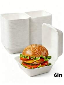 50 piezas Contenedores de comida compostables con bisagra de 6 pulgadas, contenedores portátiles, cajas de comida para llevar de un solo compartimento cuadradas hechas de fibra de caña de azúcar, contenedores de comida para llevar. Adecuados para ensalada, almuerzo, bento, fruta, pastel y talla grande. Color/Estilo aleatorio - Multicolor - Ver 1