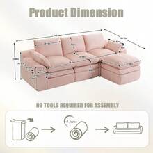 L Shaped Compressed Modular Sectional Sofa Modern Corduroy Upholstered Boneless Couches With Movable Footstool With Three Pillows And Two Lumbar Pillows Detachable Cloud Seat Cushions - Pink + Corduroy + 3 Seat1 - View 7