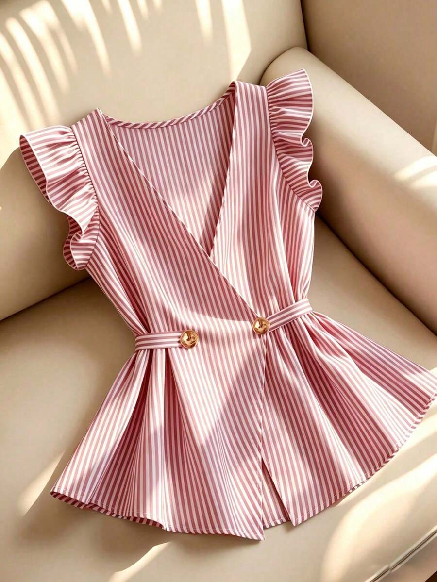 con volantes y rayas, adecuada para uso casual, vacaciones, playa, ir al trabajo - Rosa - Ver 1