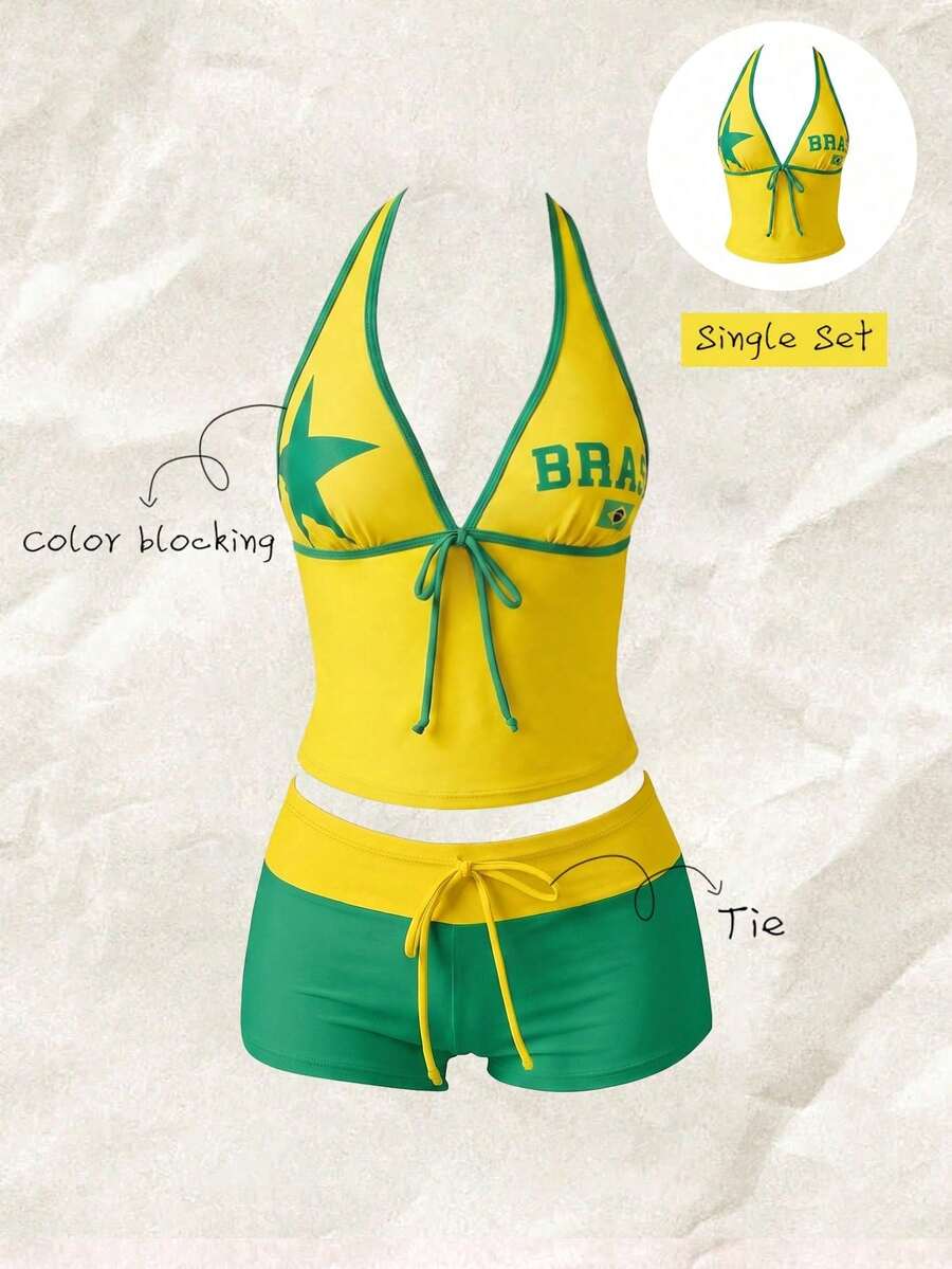 Elavelle Top de bikini de tirantes finos con estampado posicionado y unicolor, con lazo, para mujer en primavera/verano - Multicolor - Ver 1