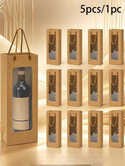 5pcs/1pc Brown Kraft Paper Wine Bottle Bags With Transparent Window, Reusable Wine, Champagne, Holiday Gift And Housewarming Gift Bags