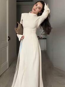Women's Elegant Minimalist Stand Collar Long Sleeve High Slit Long Top Robe (With Shoulder Pads) Solid Color Back Tie High Slit To Thigh Long Top, Suitable For Daily Wear And Dating In Autumn/Winter - Apricot - View 4