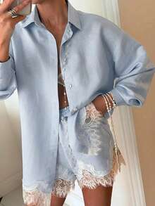 Women's Fashion Casual Lace Patchwork Lapel Long Sleeve Loose Shirt And Shorts 2-Piece Set, Solid Color Lace Patchwork Front Button, For Her Elegant - Blue - View 3