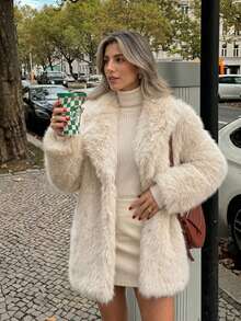 Women's Solid Cream Color Faux Fur Mid-Length Coat - White - View 6