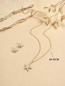 1 pieza Collar colgante elegante y exquisito de mujer con estrella de mar de acero inoxidable con circonita cúbica y strass completo, 1 pieza de pendientes de botón elegantes y exquisitos de mujer con estrella de mar de acero inoxidable con circonita cúbica y strass completo, adecuado para uso diario de mujer, vacaciones en la playa, playa de verano, reuniones, fiestas, regalos, regalo de cumpleaños para amigos, joyería de oro, disponible todo el año - Amarillo Oro - Ver 6