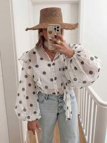Blusa casual sexy para mujer con estampado de corazones en contraste de color, botones delanteros, plisado y volantes, para casa, vacaciones de verano, estilo boho - blanco - Ver 6