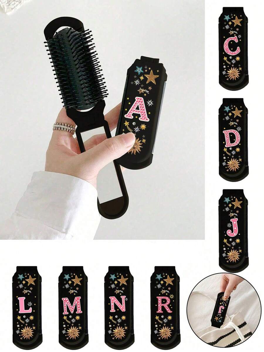 1pc 2-In-1 Foldable Makeup Mirror, Retro Creative Star & Letter Design, Foldable Portable Mini Comb With Mirror, Fashionable Beauty Tool For Travel And Gift, Dual-Use Air Cushion Comb, Scalp Massage Hair Brush, Perfect For Travel And Gifting - Multicolor - View 1
