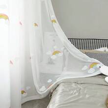 1pc Cute Rainbow Cloud Embroidered Sheer Curtain, Light Filtering, Fashionable, High-End Soft Drape, Multi-Functional Top Hooks, Suitable For Living Room, Bedroom, Balcony, Girls Room, Bay Window, Entryway Partition Decoration - White - View 2