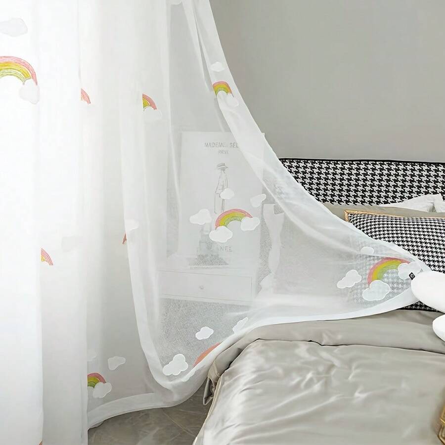 1pc Cute Rainbow Cloud Embroidered Sheer Curtain, Light Filtering, Fashionable, High-End Soft Drape, Multi-Functional Top Hooks, Suitable For Living Room, Bedroom, Balcony, Girls Room, Bay Window, Entryway Partition Decoration