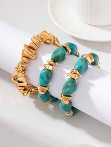 3pcs/Set Resin Bead Bracelet Set - Women's Stackable Gold Asymmetrical Stone Elastic Bracelet, Bohemian Style Stackable Jewelry Gift - Turquoise - View 5