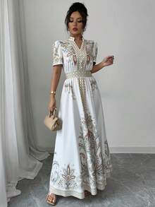 Vestido de Manga Corta con Estampado Floral y Cintura Ajustada al estilo Bohemio - amarillo ganso - Ver 2