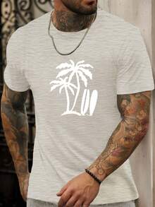 Camiseta azul para hombre con estampado de palmeras blancas y tablas de surf, camiseta casual de verano de manga corta y cuello redondo. - Negro - Ver 7