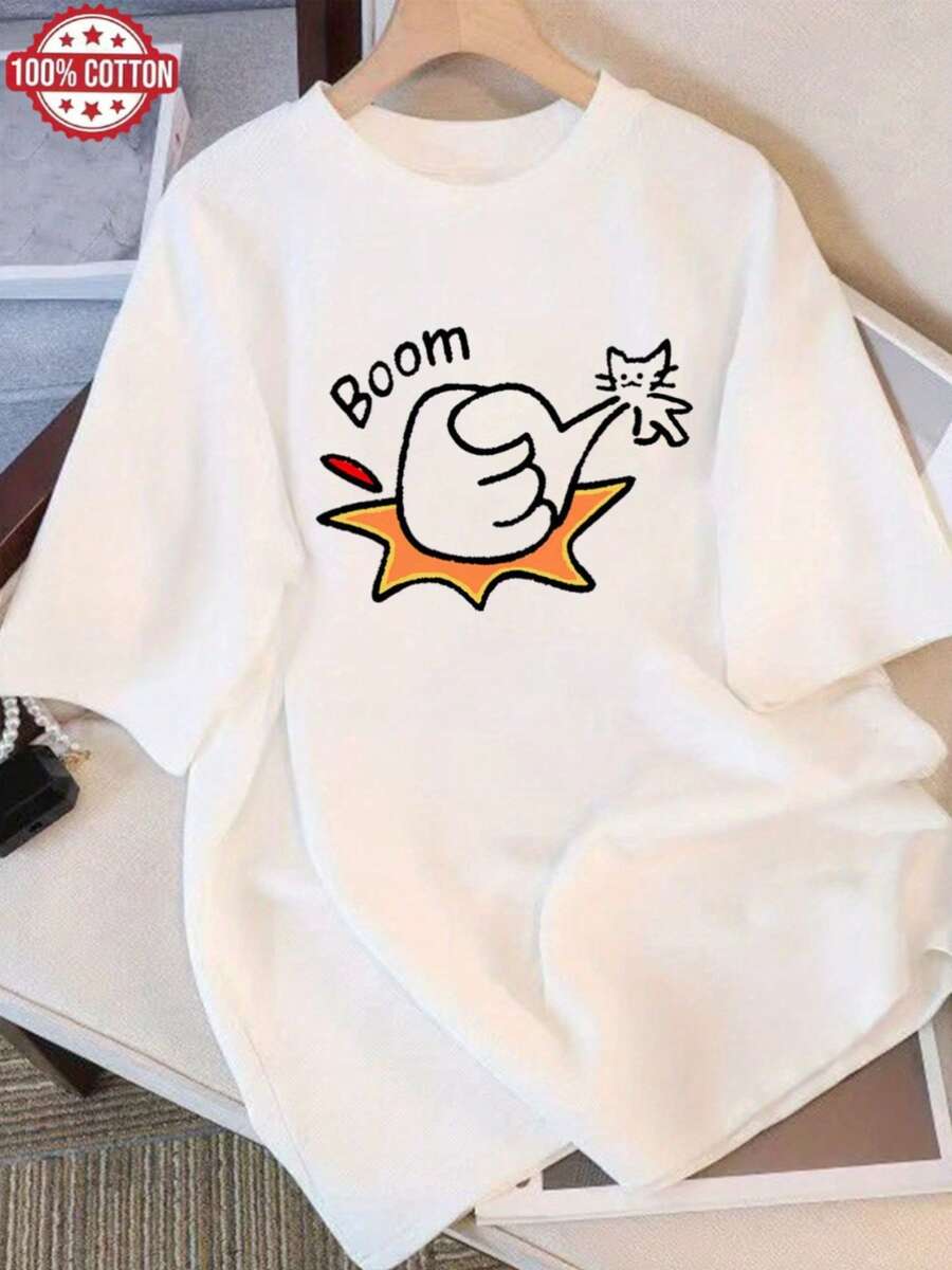 Modern Summer T-Shirt, Loose Fit, Round Neck, Versatile, Comfortable And Casual For Women, Youthful, Fashionable, Energetic, Short Sleeve For Everyday Use - 黑 - 查看 1