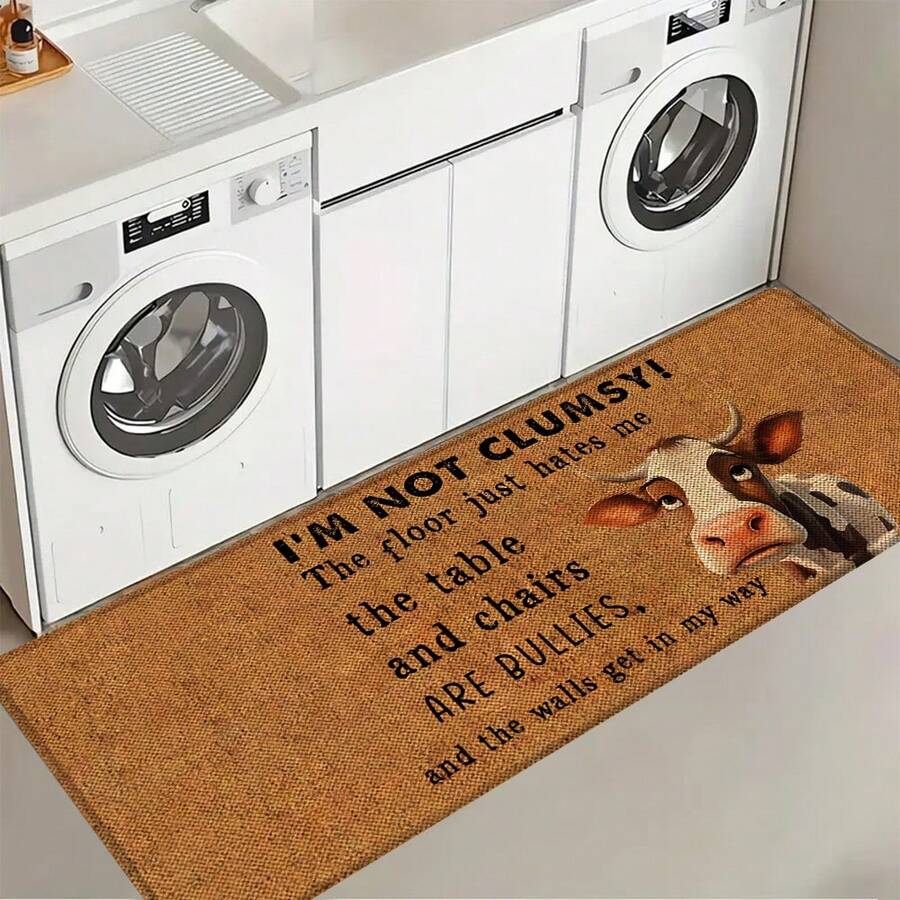 1 pieza, Decoración del hogar, Estampado con eslogan divertido de vaca, Alfombra de cocina de lino, Tapete de cocina, Tapete de piso, Tapete de baño, Tapete de puerta, Impresión 3D rectangular, Adecuado para sala de estar, dormitorio, pasillo, baño, lavandería - Alfombra de poliéster, Adecuado para decoración del hogar interior y exterior - Multicolor - Ver 1