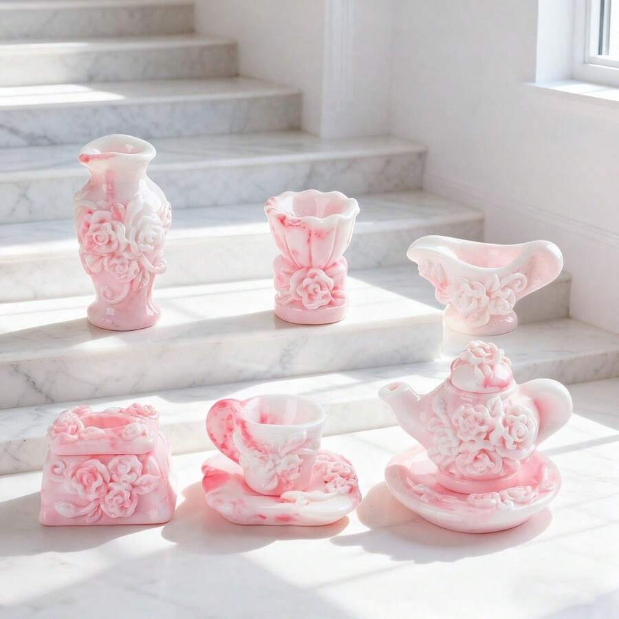 樹脂仿卡通青花瓷粉色茶具組 DIY家居裝飾材料 手作居家景觀小擺飾 - A - 查看 1