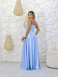 Long Party Dress With Satin Fabric And Slit For Bridesmaids Wedding - Serenity Blue - View 5