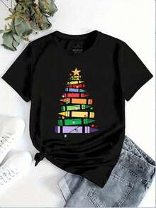 LXF2026Camiseta estampada mujer cuello redondo y mangas cortas, uso casual tshirts para mujeres Árbol navidad Crayones MaestraXIAM - Negro - Ver 1