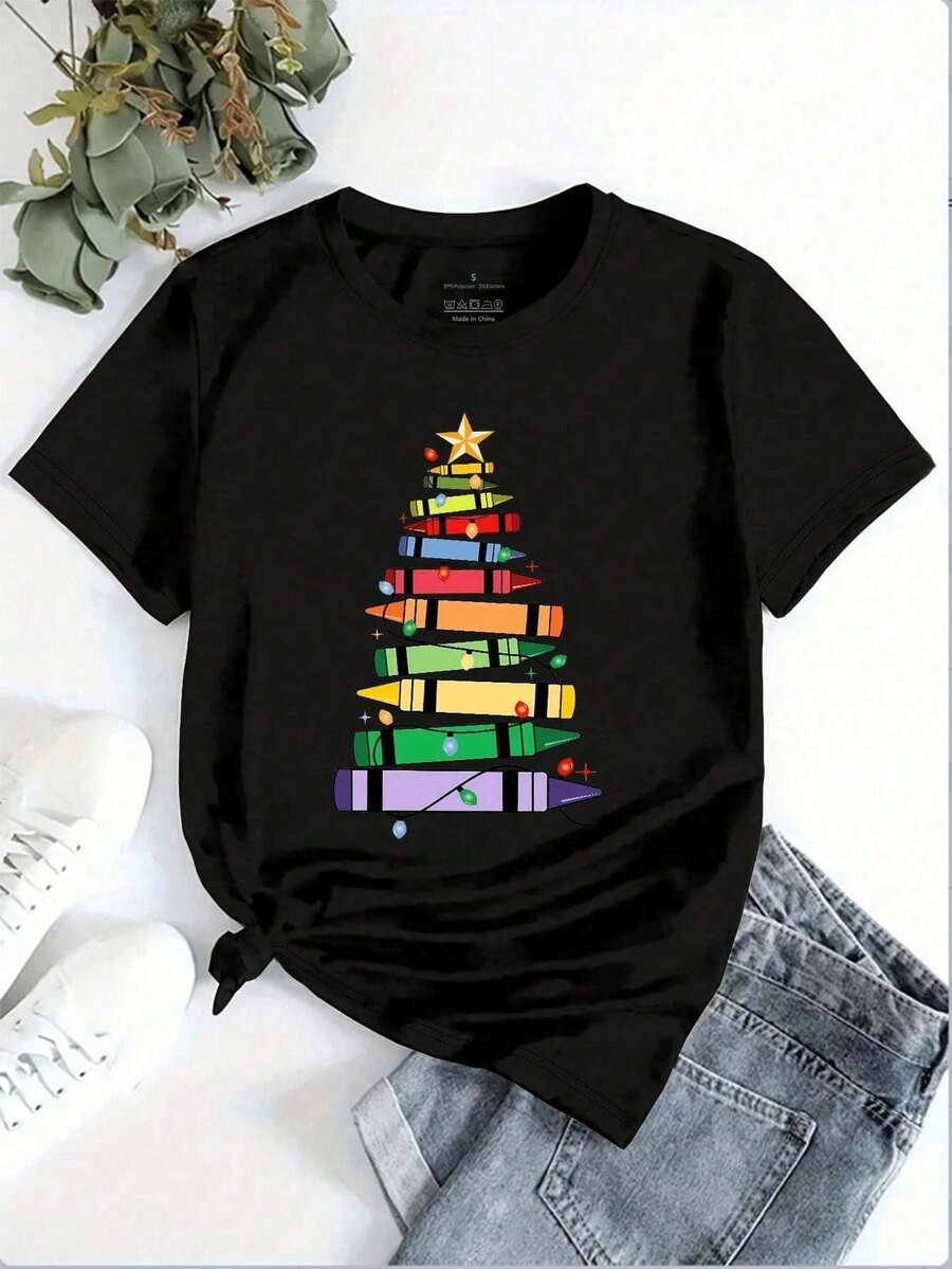 LXF2026Camiseta estampada mujer cuello redondo y mangas cortas, uso casual tshirts para mujeres Árbol navidad Crayones MaestraXIAM - Negro - Ver 1