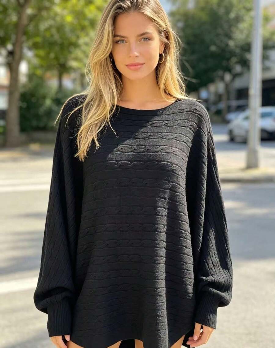 Women's Black Cable-Knit Oversized Long Sleeve Scoop Neck Sweater For Fall - 黑色 - 查看 1