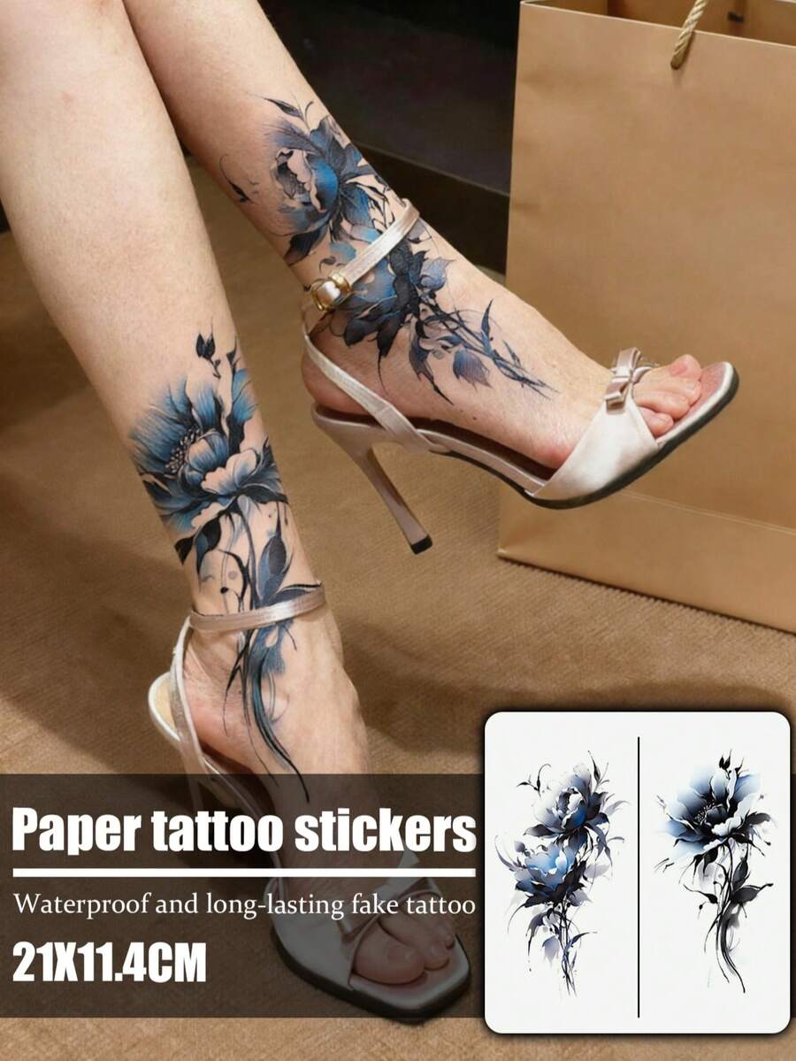 2件裝時尚酷感紋身貼紙,情侶紋身,黑色臨時紋身,一次性紋身,牡丹花,花卉印花,防水不反光,易於貼附與移除,非常逼真,適合男女腿部、足部、胸部、腿部、手臂、腰部、腹部紋身貼紙,音樂節派對用品 - 黑色 - 查看 1