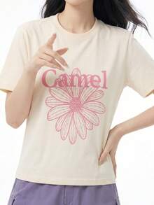 CAMEL CROWN 户外运动雏菊印花短袖T恤，夏季纯棉宽松休闲圆领上衣 - 暖白 - 查看 5