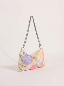 Bunte 3D bestickte Blumen-Applikation Umschlagtasche Damen Kette Schulter Umhängetasche geeignet für Urlaub (zufälliges Blumenmuster) - Beige - Übersicht 3