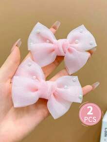 2pcs Girls' Multi-Color Faux Pearl Decor Bow Hair Clips - Pink - View 9
