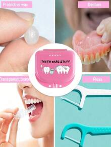 牙科牙套假牙收納盒，帶牙齒圖案與「Tooth Care Stuff」字樣，護齒器收納盒，假牙盒，耐用通風牙套盒，牙套收納盒，牙科收納盒，假牙放置盒，牙科配件，假牙套，牙齒 - 彩色 - 查看 6