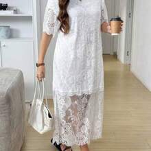 yonghongmaoyi1  LUNE Vestido de verano casual y elegante de talla grande con mangas cortas y hombros caídos con encaje - Blanco - Ver 1