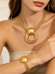 3pcs Vintage Elegant Fashion Necklace & Earrings Jewelry Set For Women - Yellow Gold - View 16