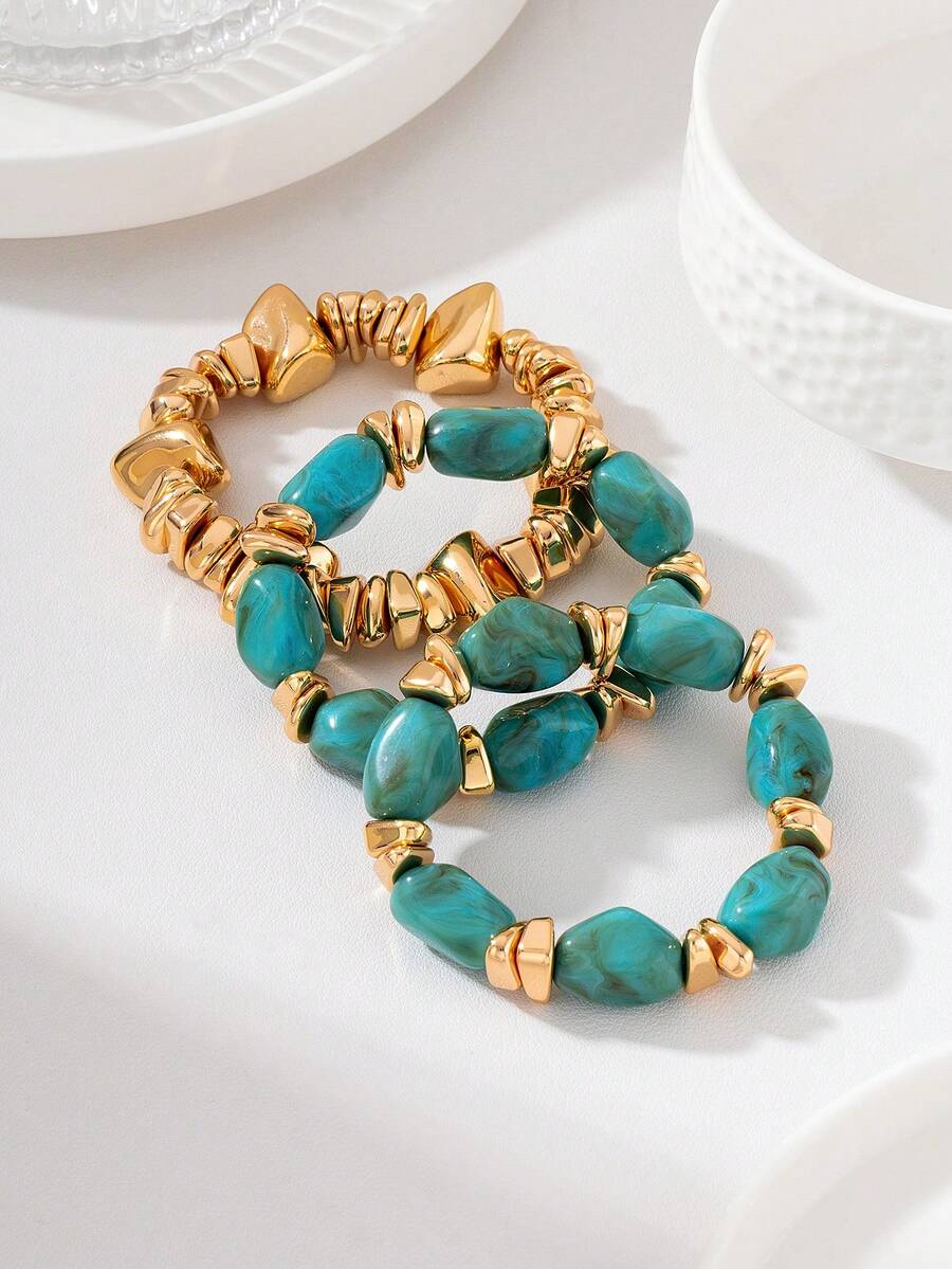 3pcs/Set Resin Bead Bracelet Set - Women's Stackable Gold Asymmetrical Stone Elastic Bracelet, Bohemian Style Stackable Jewelry Gift - Turquoise - View 1