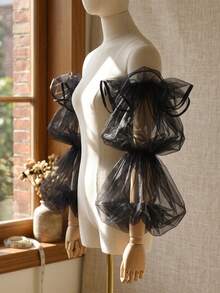 1 Pair Fashion Black Tulle Sleeve Covers, Personalized Oversized Lantern Sleeves, Dress Accessories Fake Sleeves, Suitable For Party, Ball, Evening Banquet, Celebration - Black - View 7